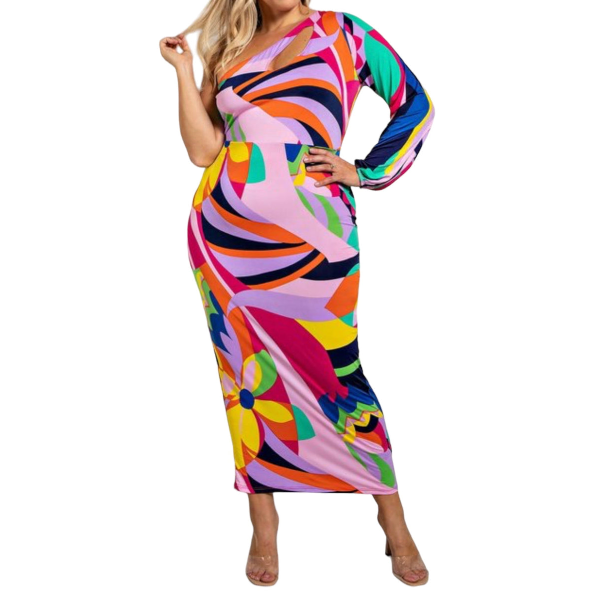 thumbnail image 1 of Women's Plus Multicolored One Shoulder Maxi Dress, 1 of 5