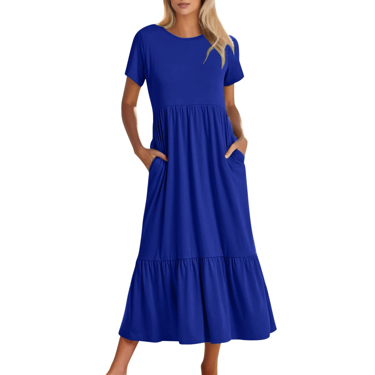 thumbnail image 1 of Women's Short Sleeve Crewneck Swing Dress Flowy Tiered Maxi Beach Dress With Pockets Elegant Leisure Dresses, 1 of 6