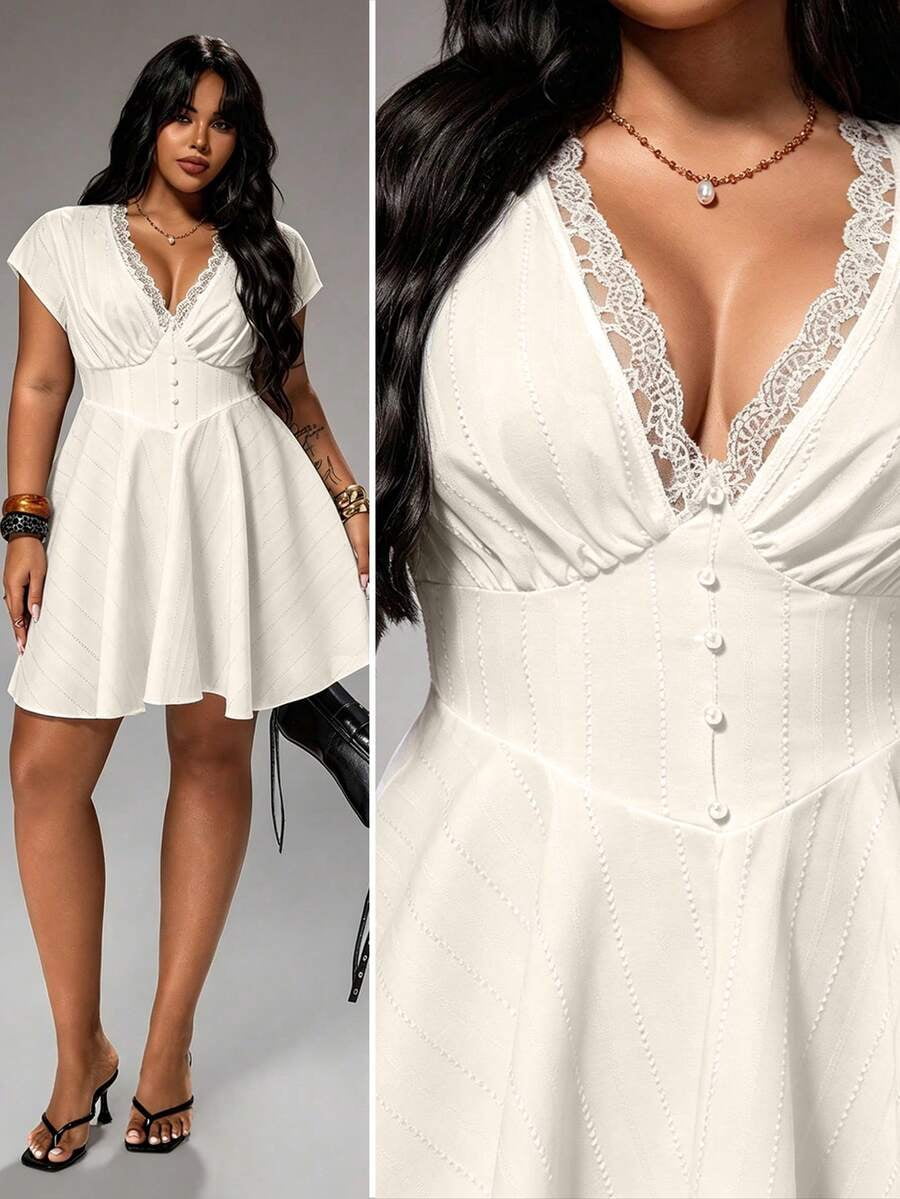 thumbnail image 1 of Womens Apricot Lace Trim Corset Dress, V-Neck Short Sleeve Swing Mini Dress, 1 of 8