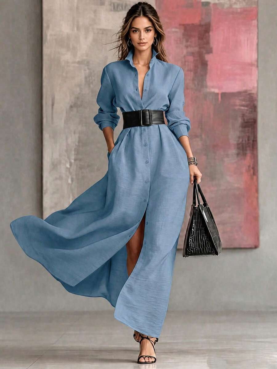 thumbnail image 1 of Womens Blue Lapel Long Dress Single-Breasted Elegant Solid Color, 1 of 9
