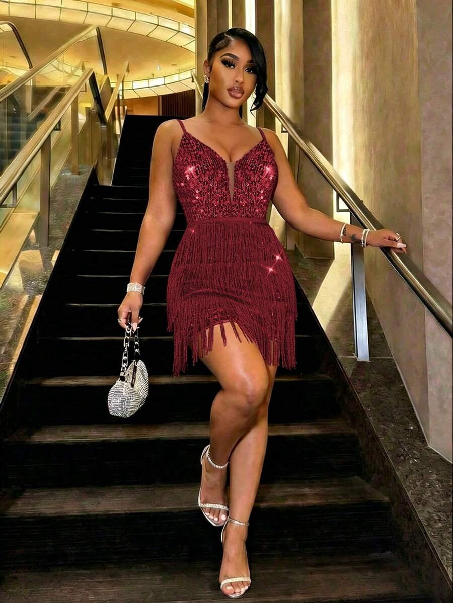 thumbnail image 1 of Womens Burgundy Sequin Mini Dress, Sparkly V-Neck Fringe Bodycon, 1 of 6