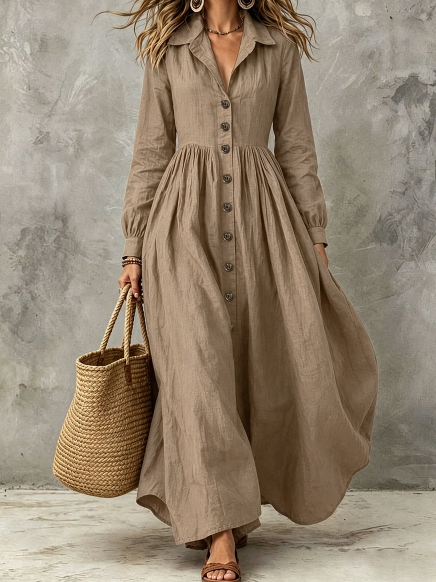 thumbnail image 1 of Womens Elegant Khaki Long Sleeve Button Down Maxi Dress for Beach, Dating, 1 of 6