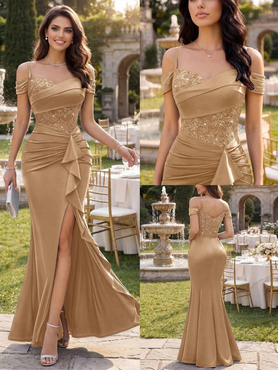 thumbnail image 1 of Womens Gold Off-Shoulder Sequin Bodice Satin Gown With Side Slit, 1 of 10