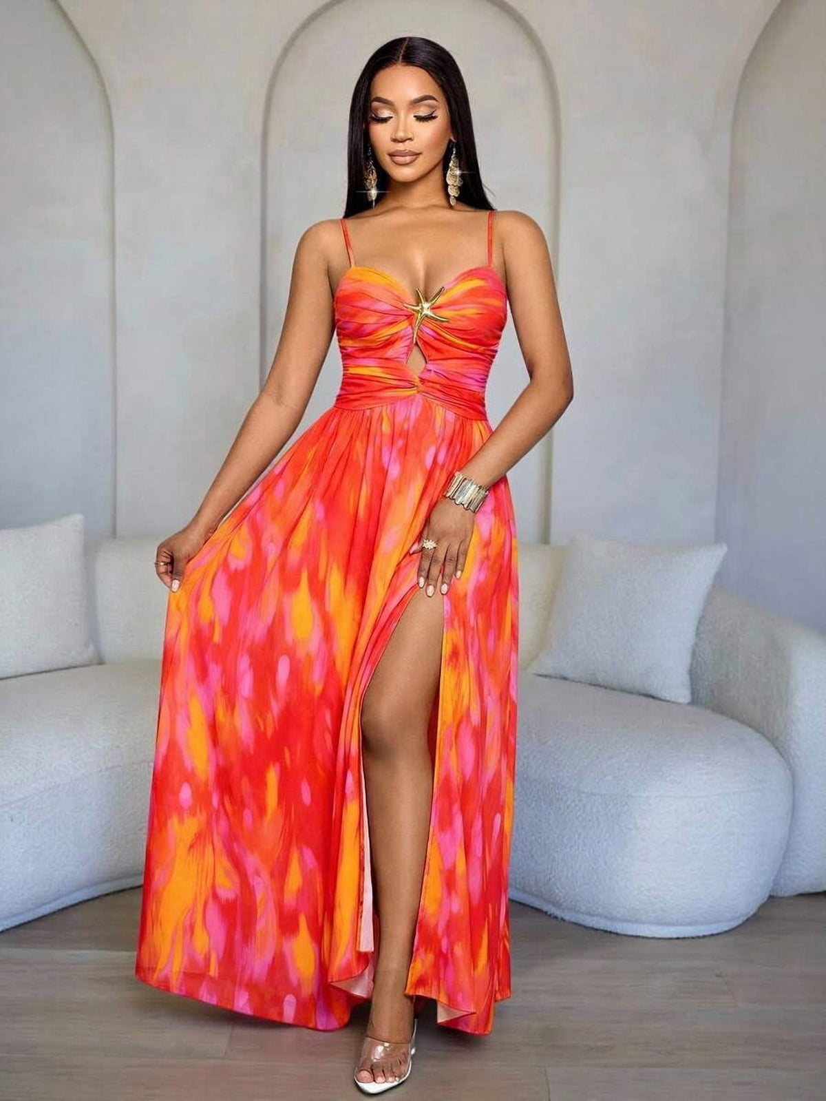 thumbnail image 1 of Womens Hot Pink Tropical Print Maxi Dress With Starfish Embellishment High, 1 of 9