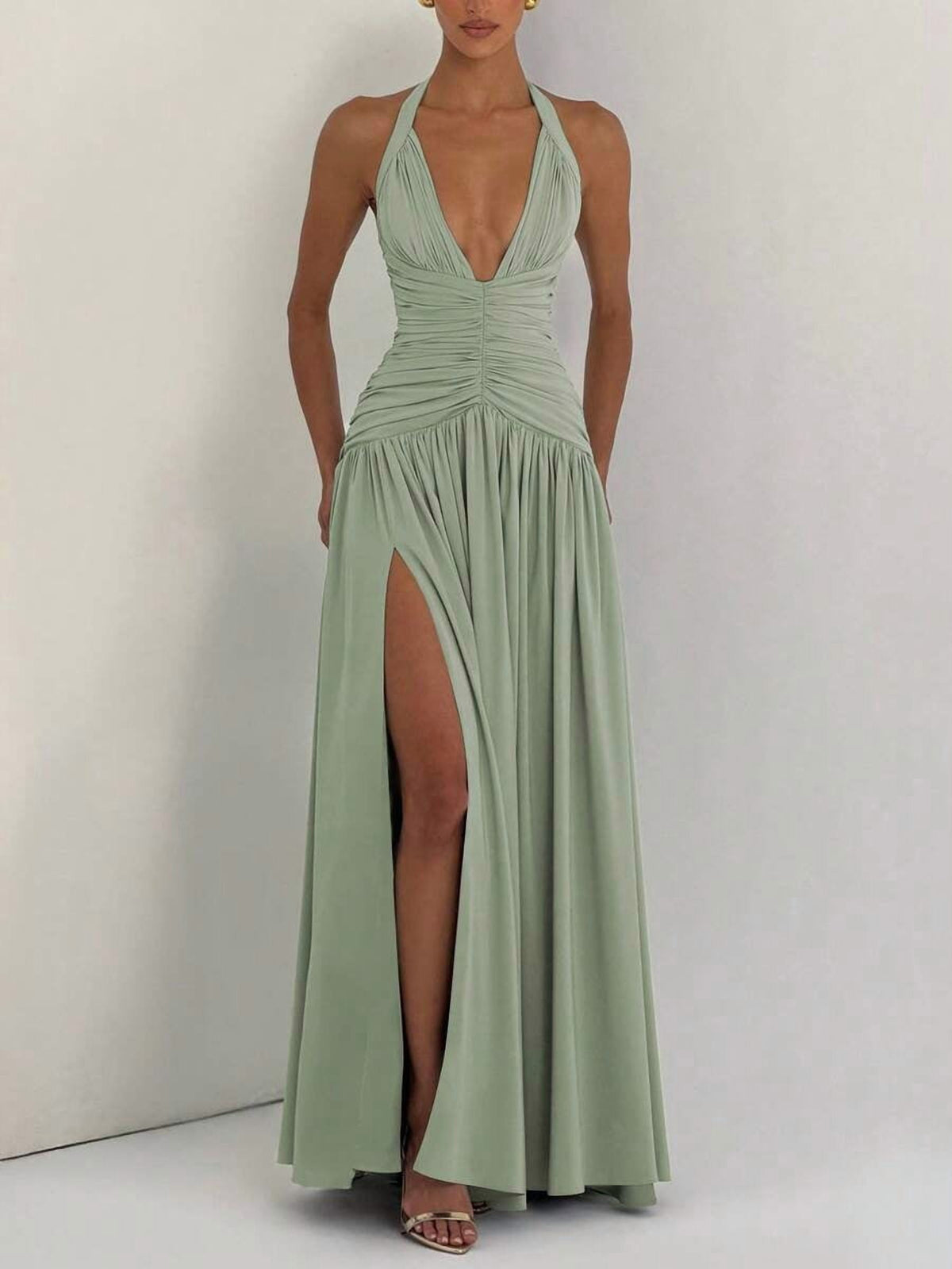 thumbnail image 1 of Womens Pastel Green Halter Neck Deep V-Neck Formal Evening Gown With High, 1 of 6