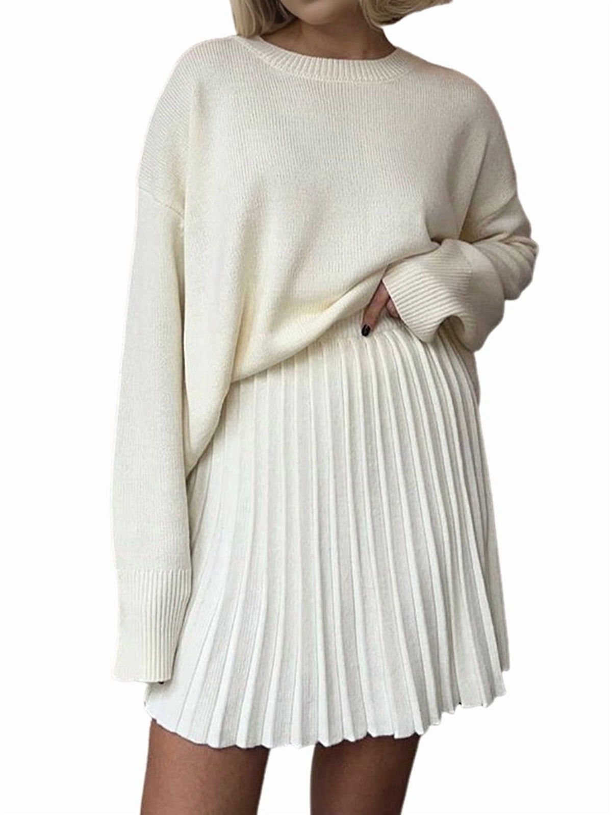 thumbnail image 1 of Womens Skirt 2 Piece Sweater Set Long Sleeve Crewneck Sweaters Pleated Mini Skirt Knit Lounge Sets White One size, 1 of 9