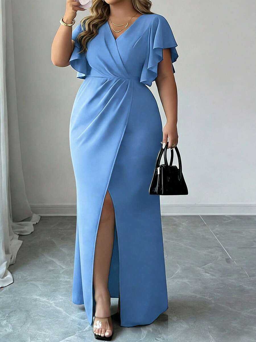 thumbnail image 1 of Womens Sky Blue Ruched Waist V-Neck Long Dress With Ruffle Sleeves, 1 of 5