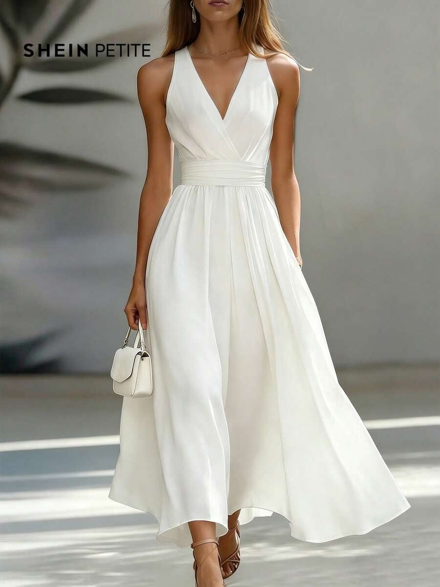 thumbnail image 1 of Womens White V-Neck Sleeveless Midi Dress Lightweight A-Line Flowy Casual, 1 of 3