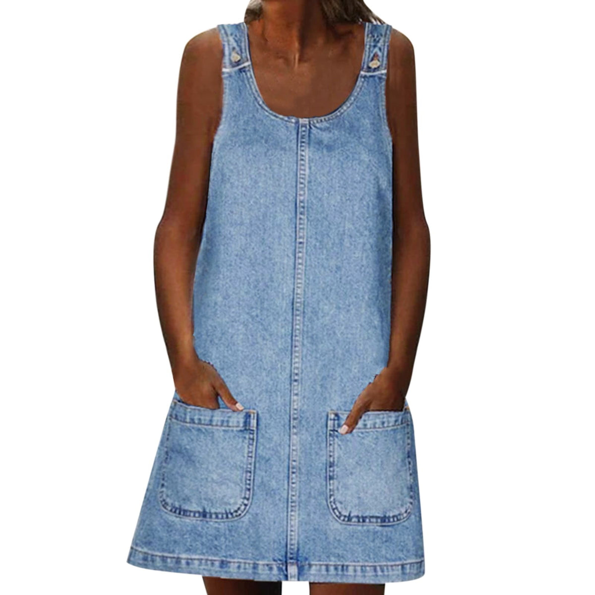 thumbnail image 1 of Wxolcjlv Womens Denim Overall Dress Sleeveless Pocket Loose Casual Streetwear Mini Jumper Dress, 1 of 7
