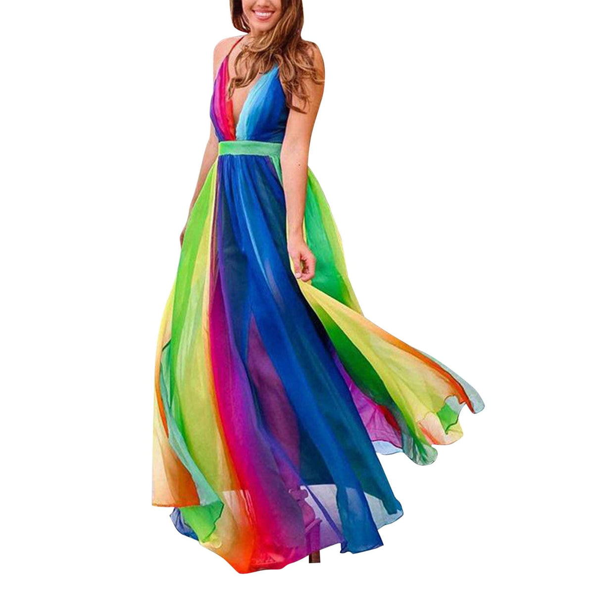 thumbnail image 1 of XIAOCHA Women's Ombre Chiffon Maxi Dress Spaghetti Strap Deep V Neck Flowy Gown Elegant Boho Beach Wedding Evening Party Dress, 1 of 3