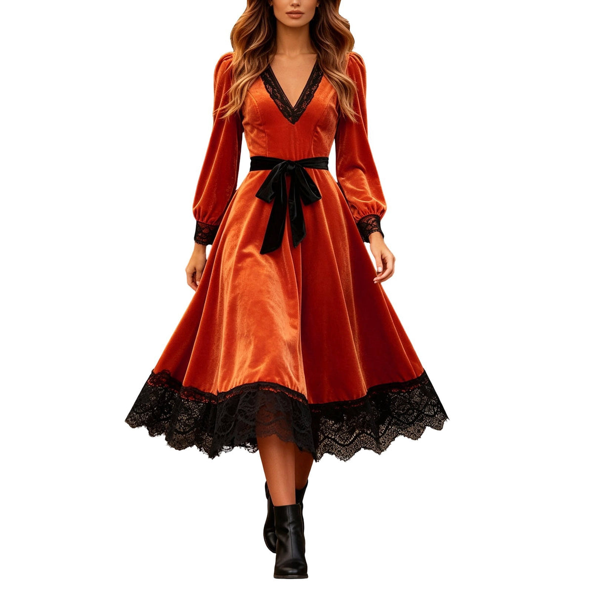 thumbnail image 1 of XIAOCHA Womens Velvet Lace Midi Dress Puff Sleeve Belted Fall Vintage Long Sleeve Gown, 1 of 8
