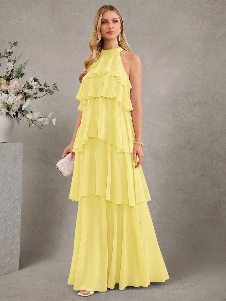 thumbnail image 1 of Yellow Halter Neck Tiered Ruffle Maxi Dress, 1 of 9