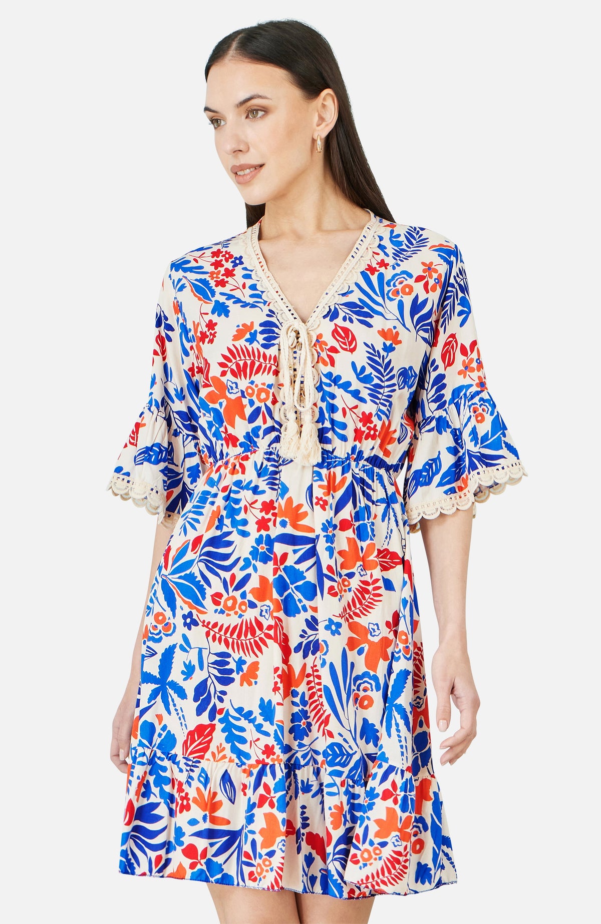 thumbnail image 1 of Yumi Leaf Print Tunic Dress - Neutral, 4, 1 of 4
