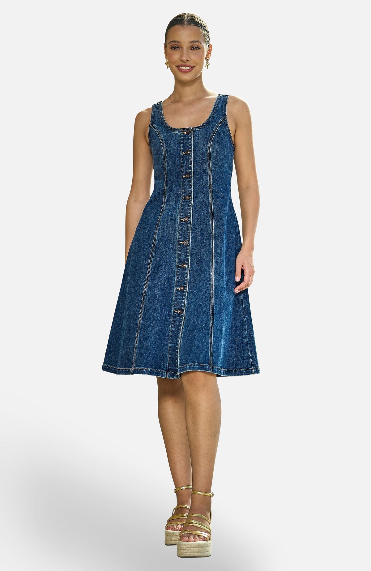 thumbnail image 1 of Yumi Stretch Denim Panel Fitted Dress - Blue, 4, 1 of 4