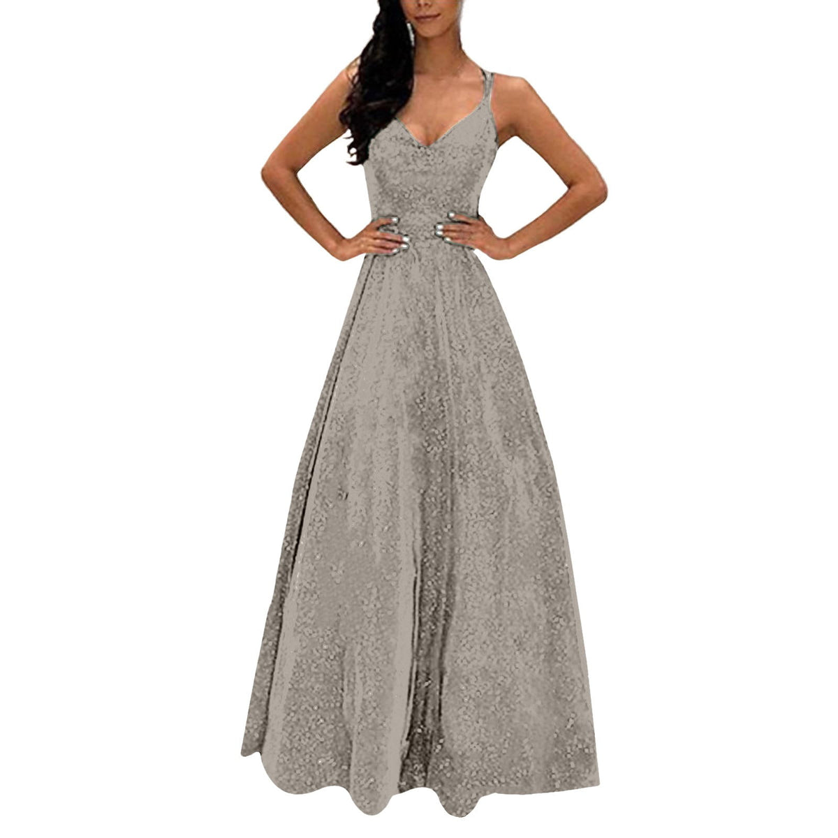 thumbnail image 1 of ZQUUVOU Women's Sequin Slip Maxi Dress V Neck Sparkly Formal Gown Sleeveless Mermaid Bridesmaid Evening Dress Silver, 1 of 6