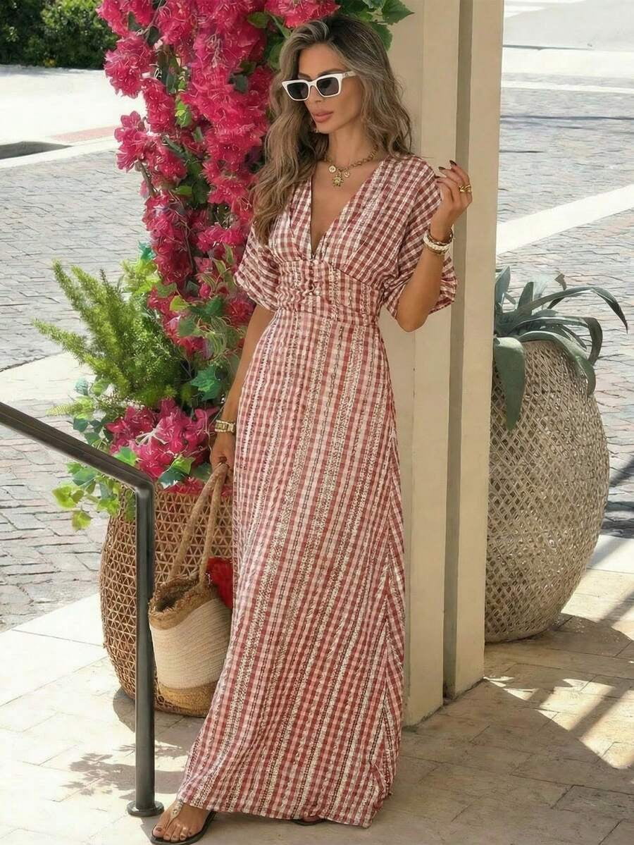 thumbnail image 3 of Womens Red Gingham Print Maxi Dress, V-Neck Short Sleeve Waist Cinched, 3 of 7