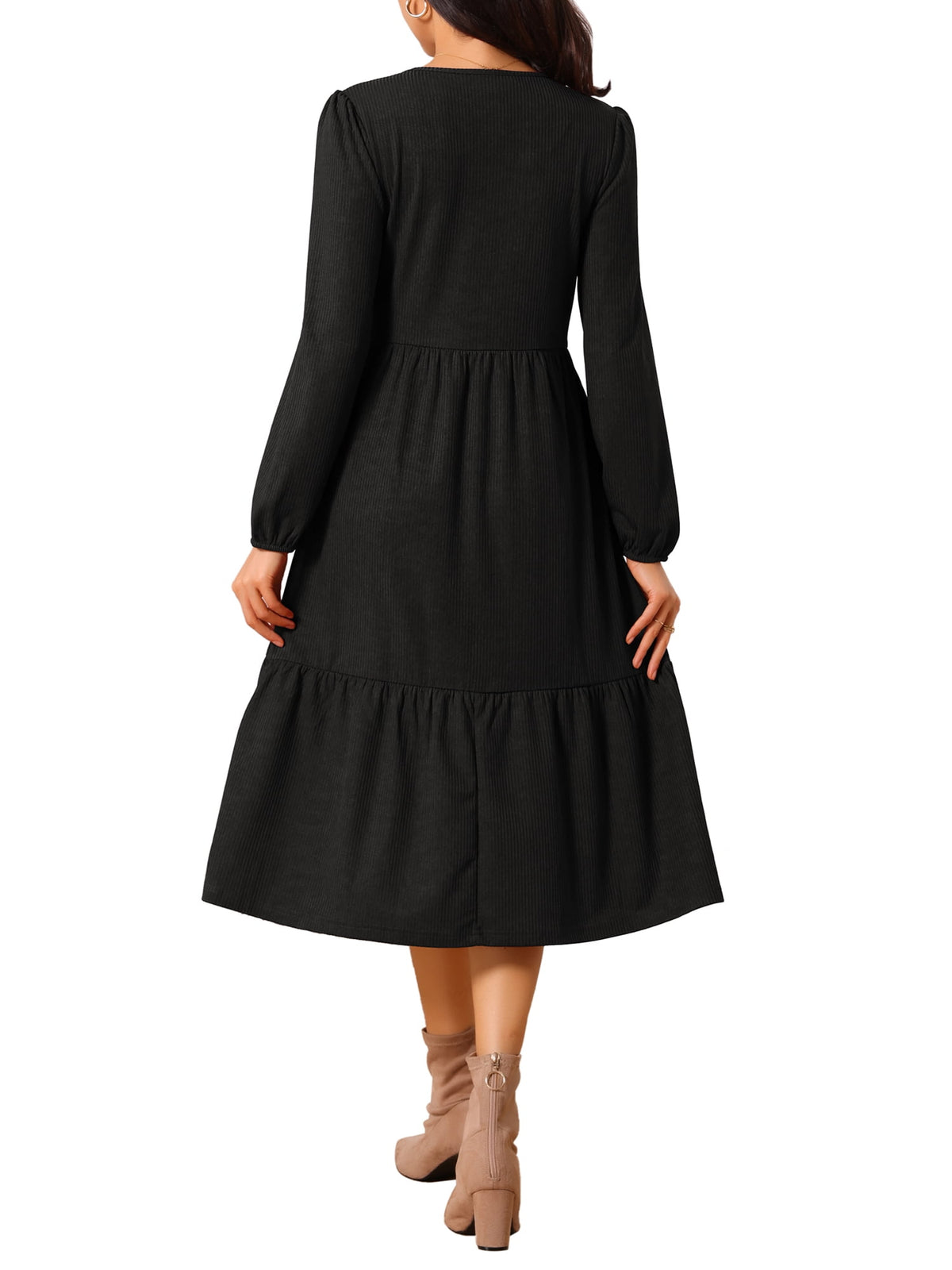 thumbnail image 3 of INSPIRE CHIC Women's Fall Dresses Long Sleeve Round Neck Tiered Casual Knit A-Line Midi Dress with Pockets S Black, 3 of 6