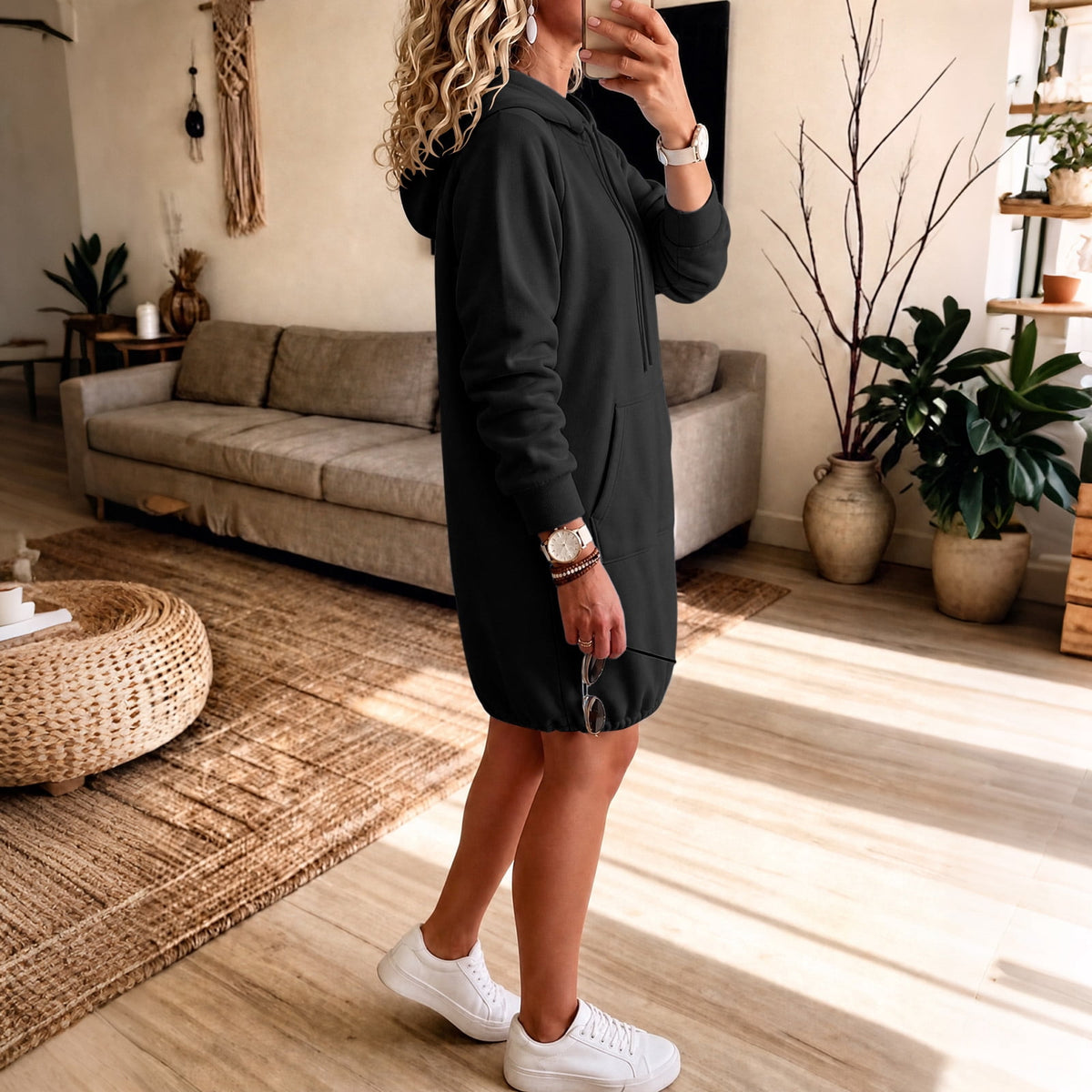 thumbnail image 4 of AGWOLF Sweatshirt for Women Fall Drawstring Hoodie Midi Dress with Pocket Casual Loose Side Slit Long Sleeve Hoodie Long Dresses, 4 of 6