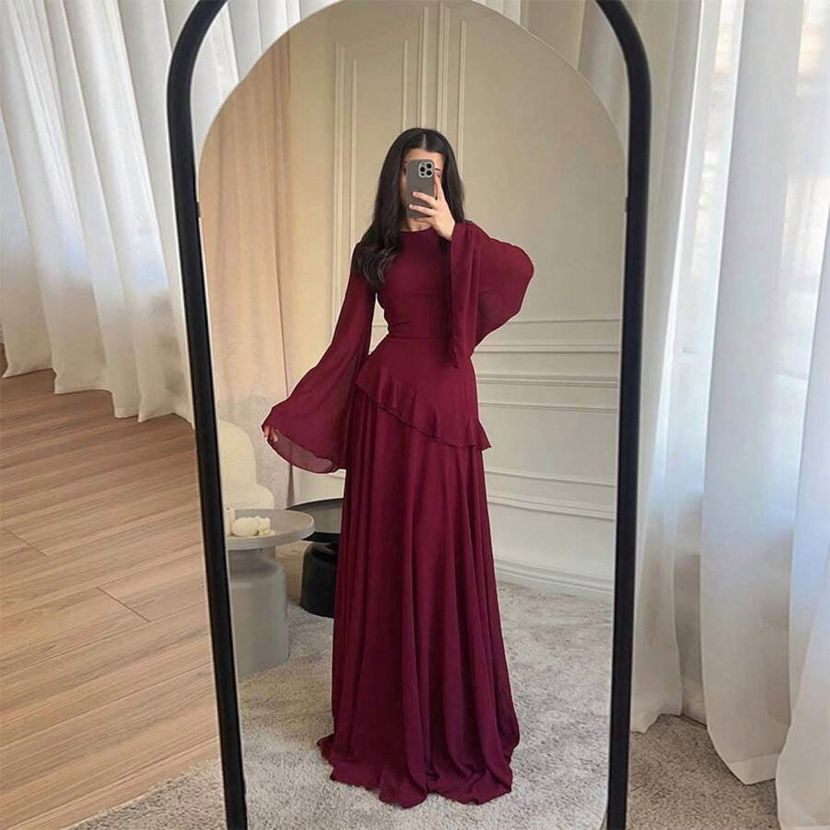 thumbnail image 6 of White Peplum Ruffle Long Sleeve Maxi Dress For Women, 6 of 28