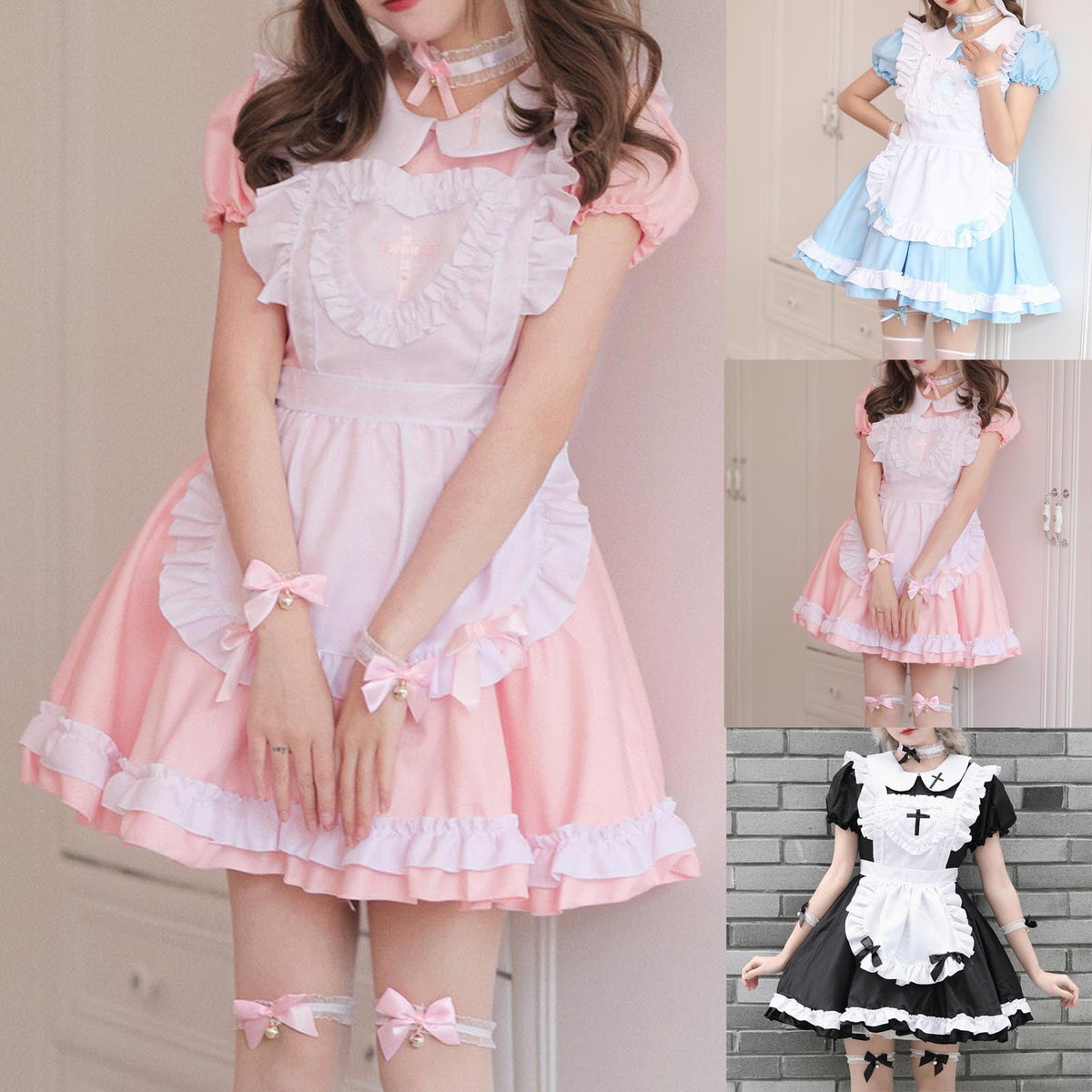 thumbnail image 1 of asdoklhq Plus Size Dresses Women's Fashion Solid Casual Long Sleeve Round-Neck Beer Festival Maid Dress Sky Blue 2X, 1 of 6