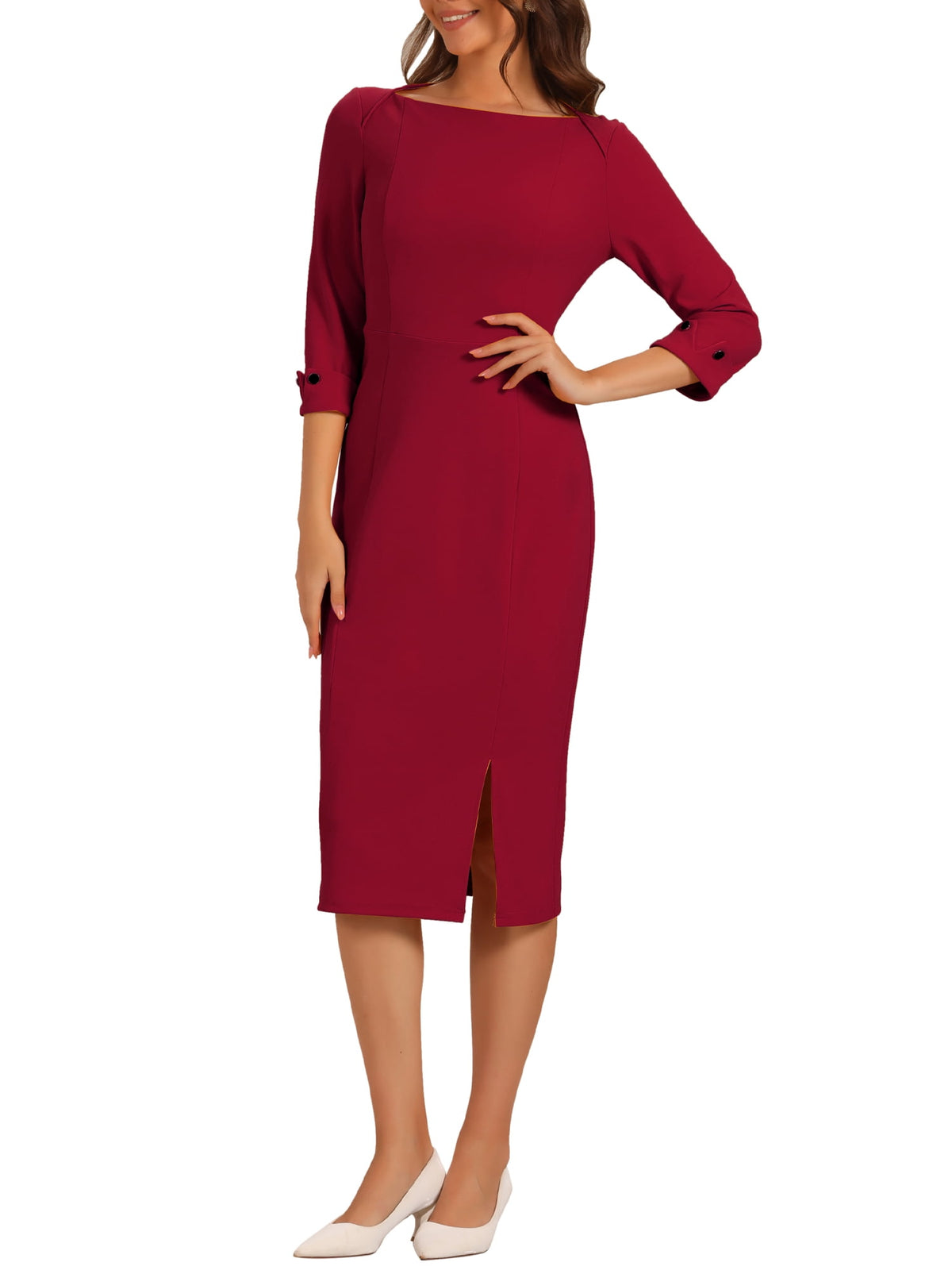 thumbnail image 4 of INSPIRE CHIC Women's Sheath Dress Boat Neck 3/4 Sleeves Split Hem Wear-to-Work Midi Dresses Wine Red S, 4 of 6