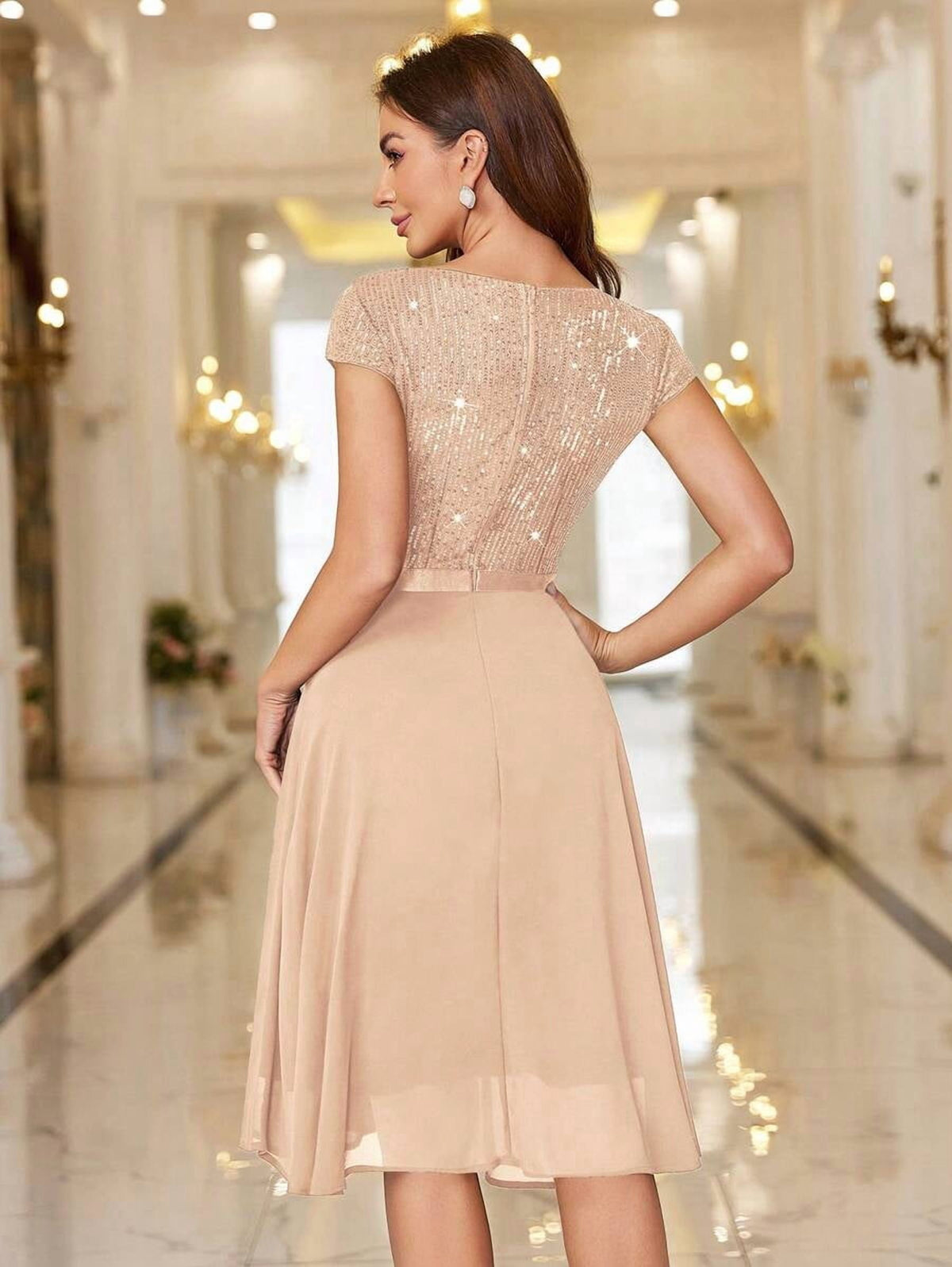thumbnail image 2 of Champagne Sequin Bodice Chiffon A-Line Midi Dress With Cap Sleeve Ruffle, 2 of 28