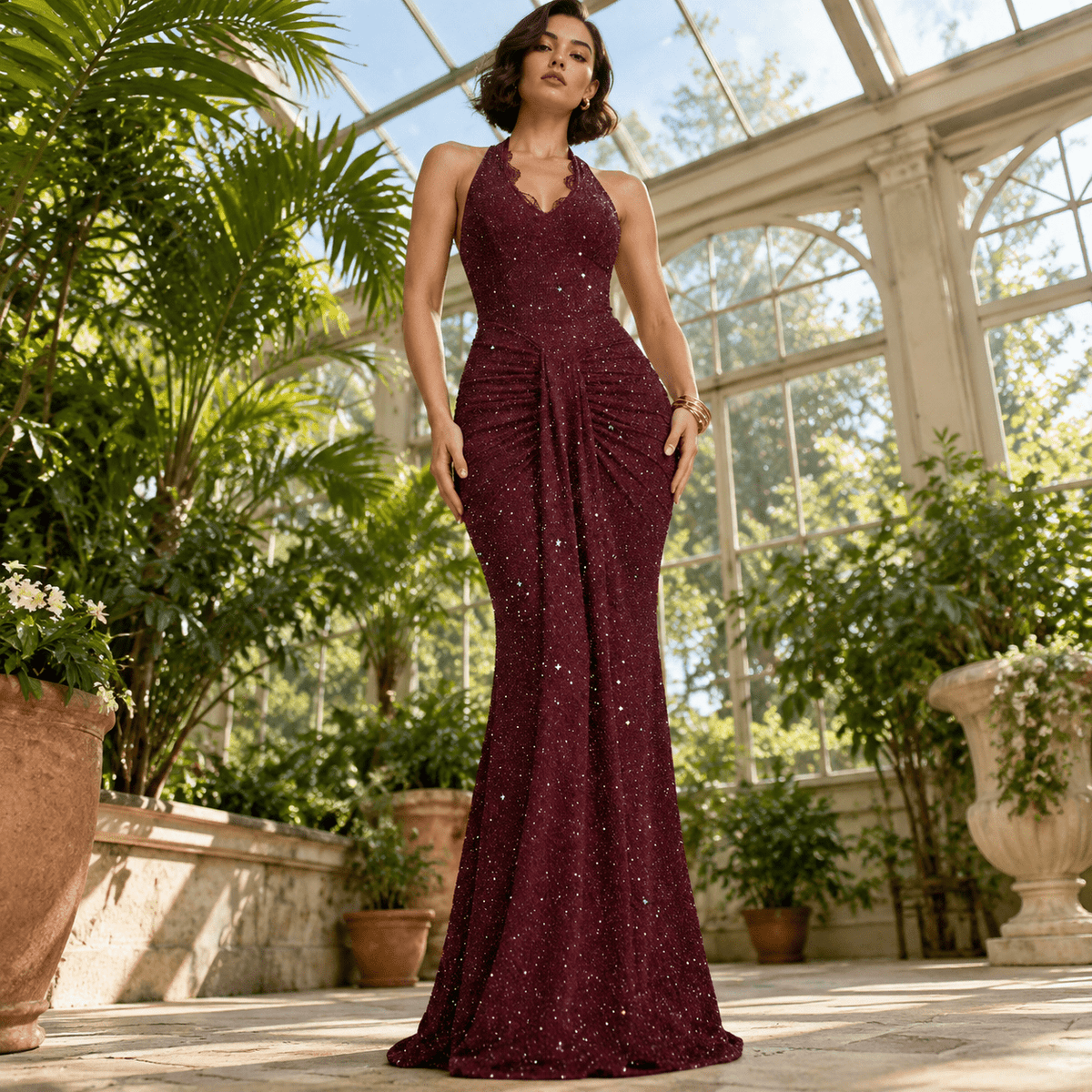 thumbnail image 4 of Women's Burgundy Small Deep V Neck Halter Lace Sequin Maxi Dress, 4 of 7