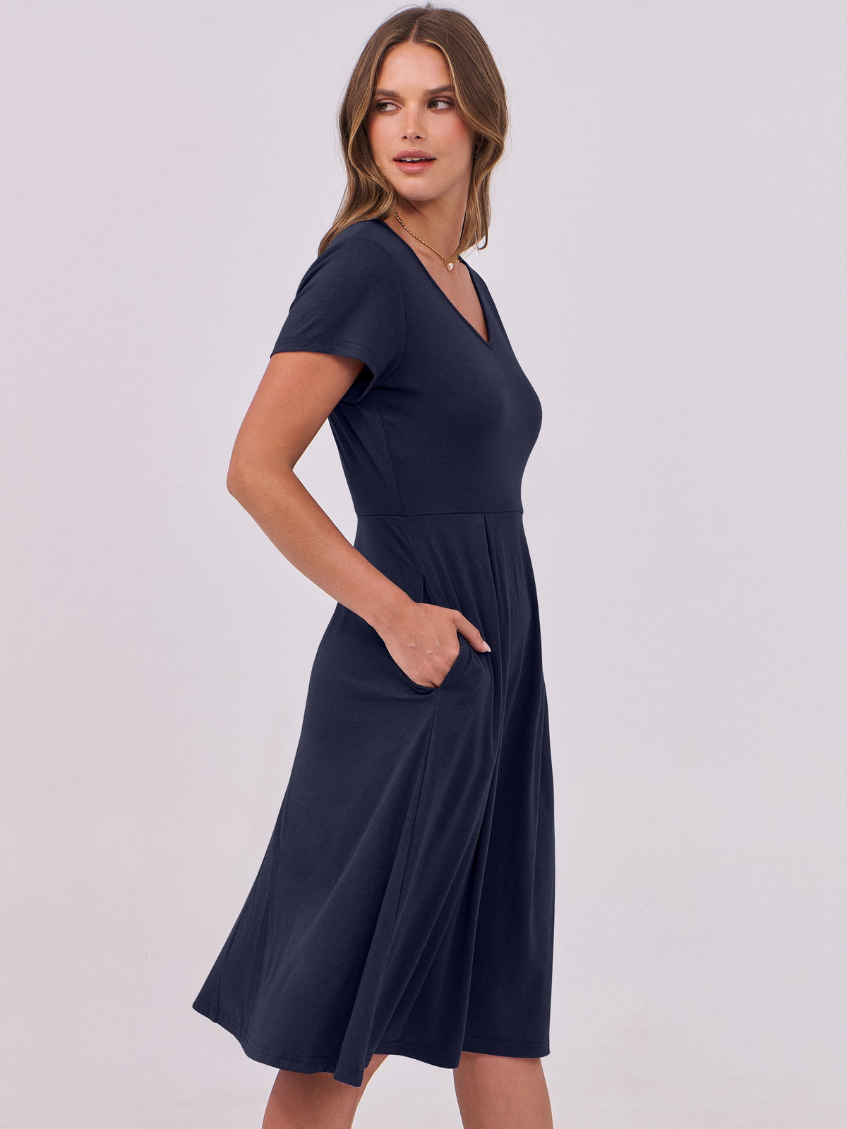 thumbnail image 3 of ANRABESS Women Summer Dress Casual Short Sleeve V Neck A-Line Knee Length Pleated Flowy 2026 Fashion Midi Dresses with Pocket Navy Blue Large, 3 of 8