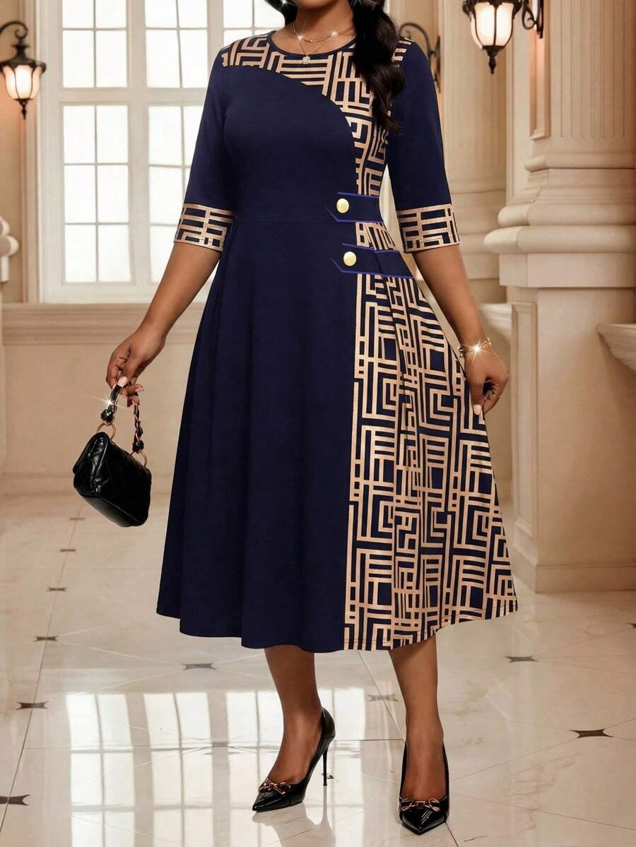 thumbnail image 3 of Plus Size Blue Vintage Elegant Round Neck 3/4 Sleeve A-Line Geometric, 3 of 7