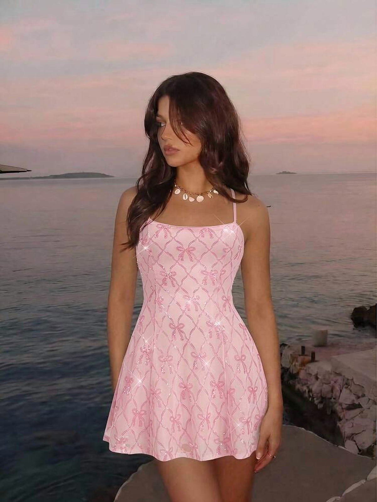 thumbnail image 2 of Pink Sequin Bow Pattern Mini Dress with Crisscross Straps, 2 of 7