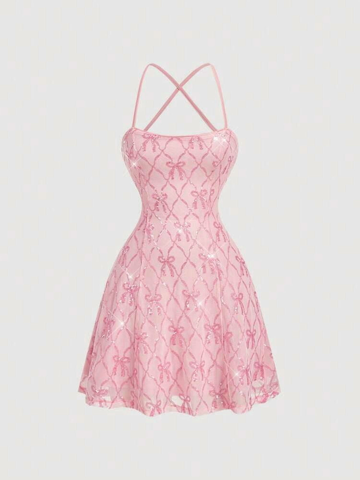 thumbnail image 4 of Pink Sequin Bow Pattern Mini Dress with Crisscross Straps, 4 of 7
