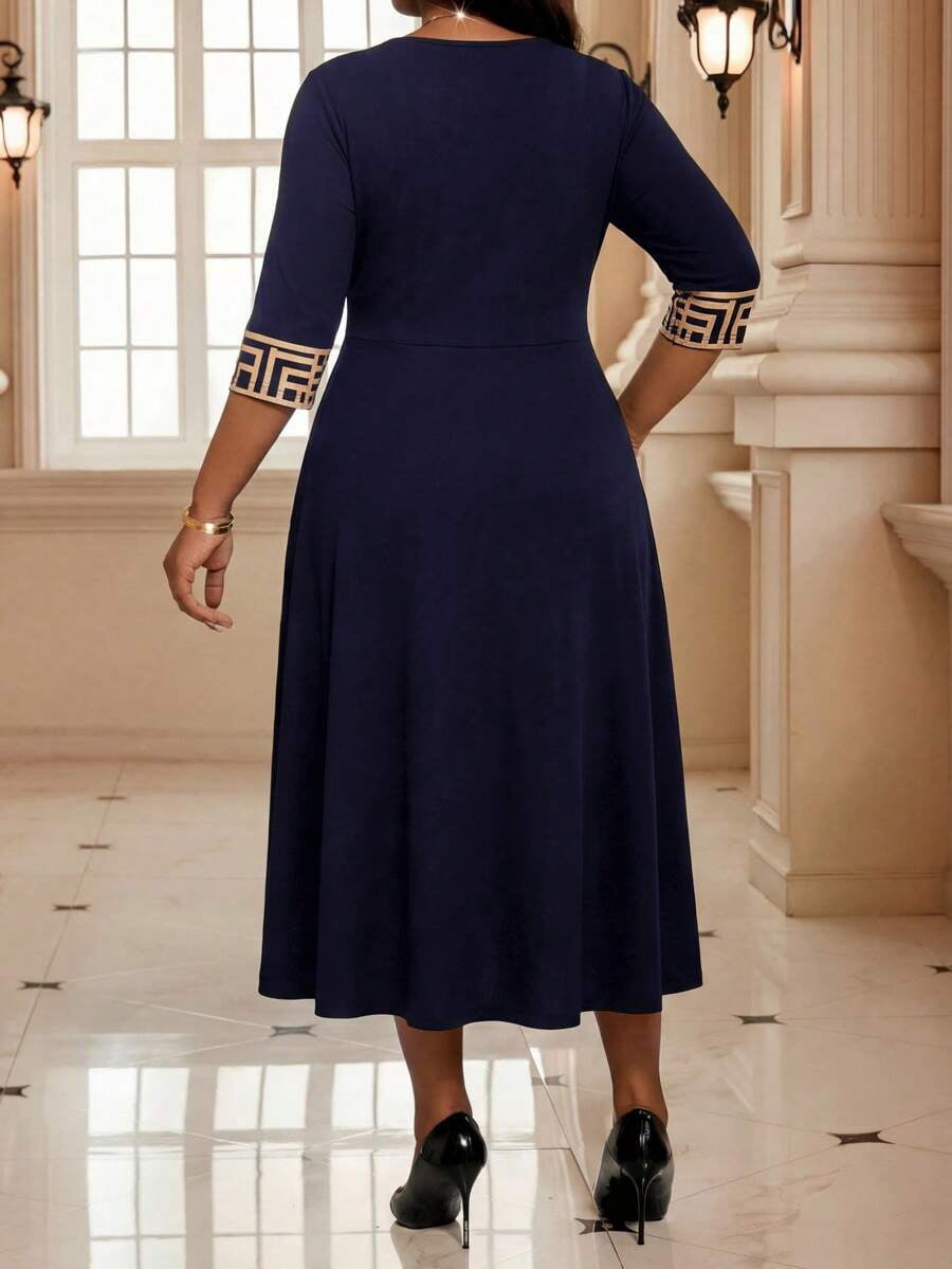 thumbnail image 2 of Plus Size Blue Vintage Elegant Round Neck 3/4 Sleeve A-Line Geometric, 2 of 7