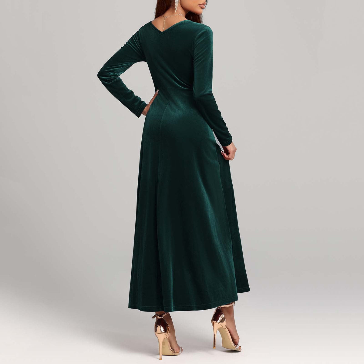 thumbnail image 4 of Efsteb 2025 Fall Fashion Women Dresses Elegant Velvet Maxi Dress Long Sleeve Square Neck High Waist Cocktail Dresses (Green,M), 4 of 4