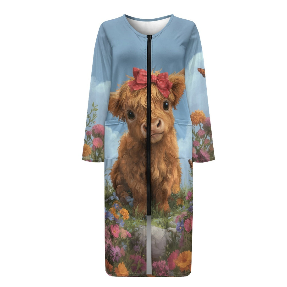 thumbnail image 4 of Xoenoiee Highland Cattle Butterfly Flower Print Women Zipper Robe Long Sleeves Loungewear Dress Full Length Sleepwear Pockets Housecoat Nightgown Long Bathrobe, Size S, 4 of 7