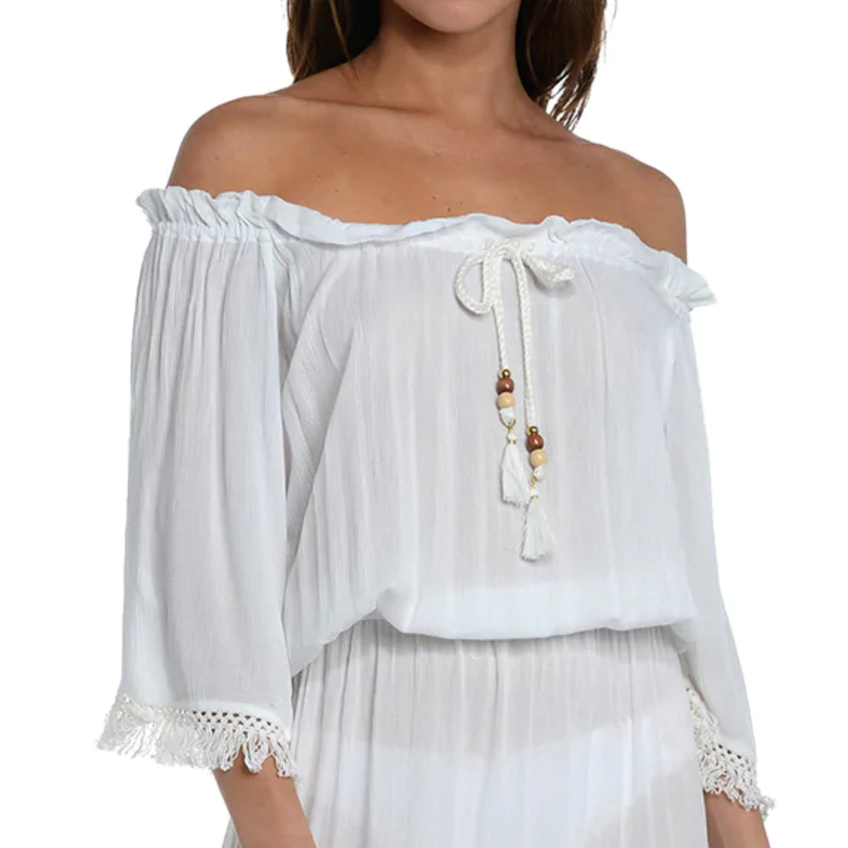 thumbnail image 2 of SUNSHINE 79 Women's Crochet Trim Off-the-shoulder Midi Dress Beach Swim Cover-Up-White / S, 2 of 5