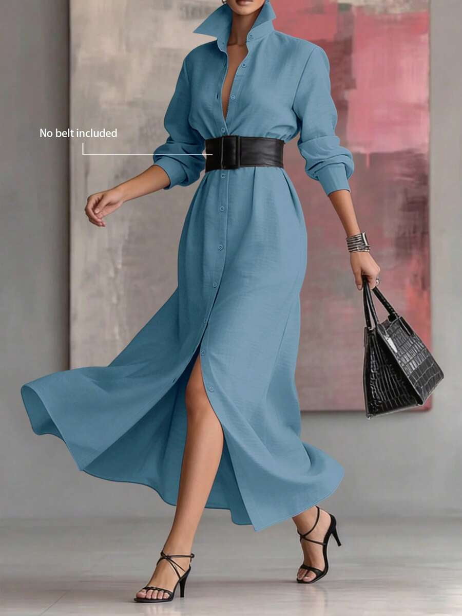 thumbnail image 5 of Womens Blue Lapel Long Dress Single-Breasted Elegant Solid Color, 5 of 9