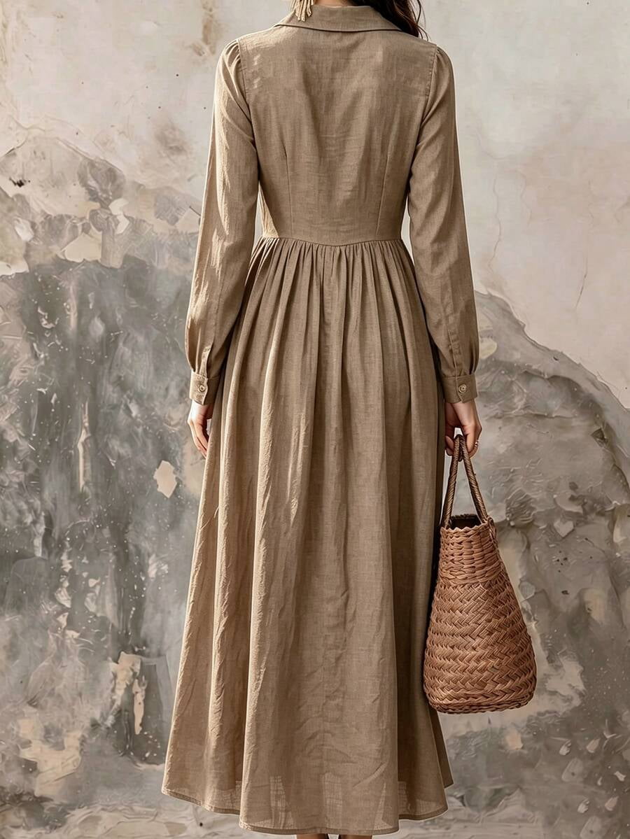 thumbnail image 2 of Womens Elegant Khaki Long Sleeve Button Down Maxi Dress for Beach, Dating, 2 of 6