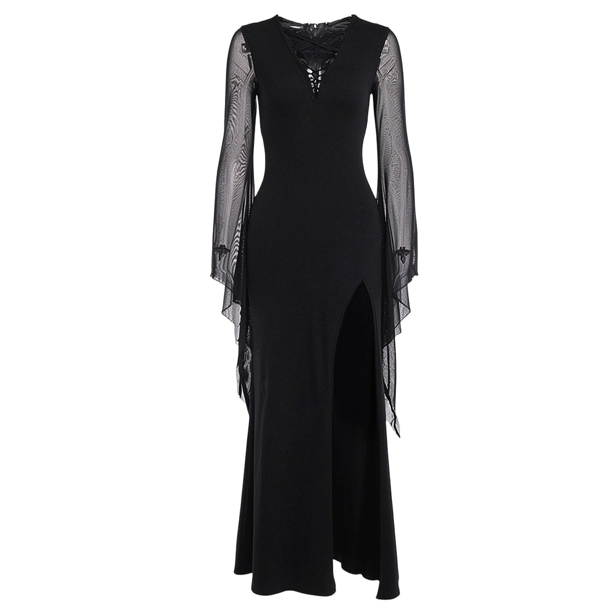 thumbnail image 3 of Women's Halloween Vintage Mesh Dress Bell Sleeve Lace Up V Neck High Slit Black Cosplay Gown, 3 of 6