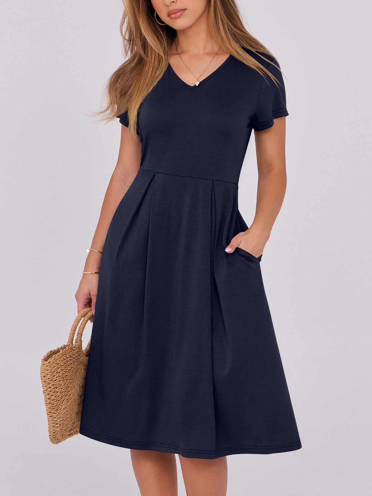 thumbnail image 5 of ANRABESS Women Summer Dress Casual Short Sleeve V Neck A-Line Knee Length Pleated Flowy 2026 Fashion Midi Dresses with Pocket Navy Blue Large, 5 of 8