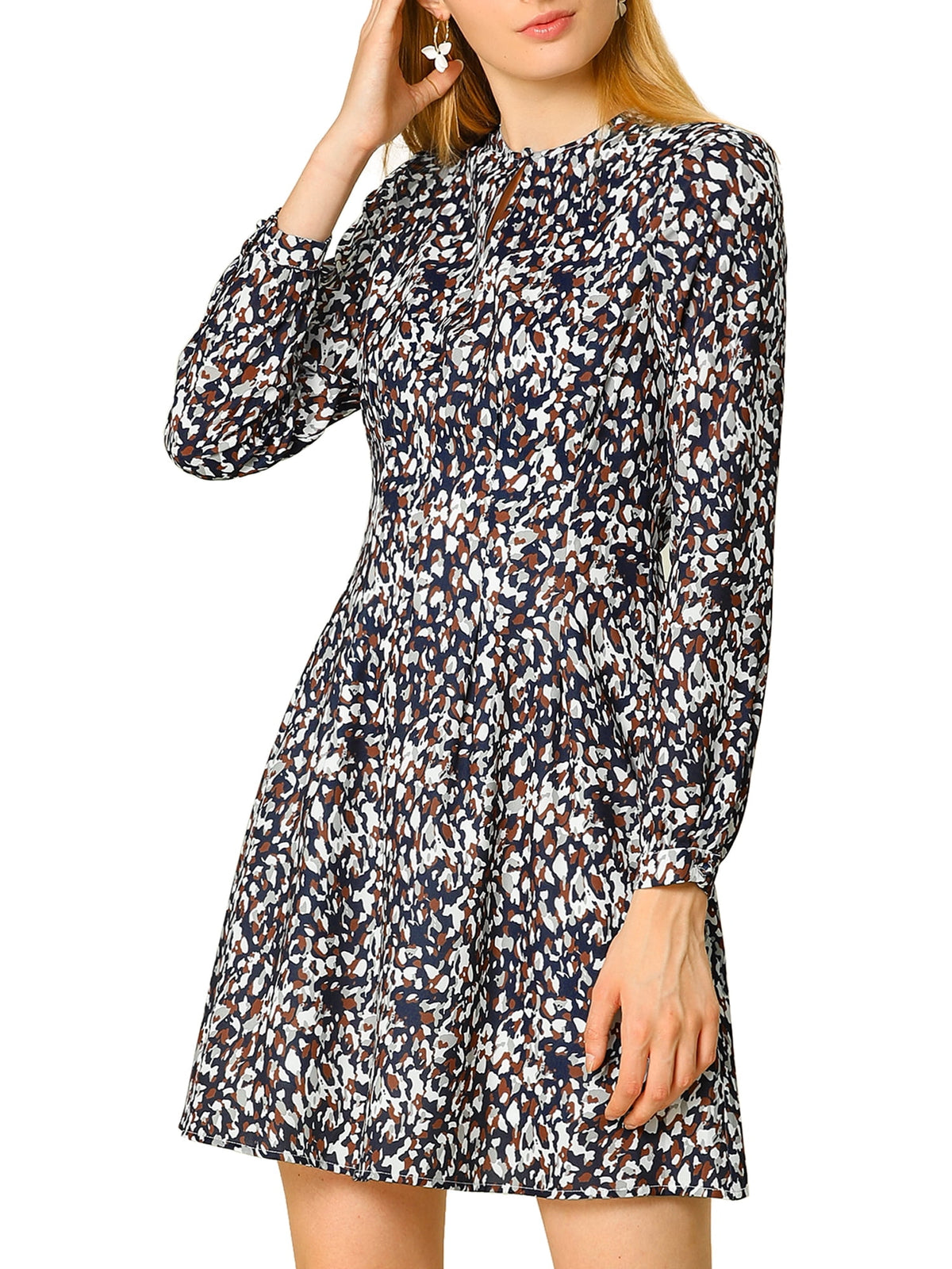thumbnail image 3 of INSPIRE CHIC Women's Leopard Keyhole Above Knee Pleated a-Line Dress M Navy Blue, 3 of 8