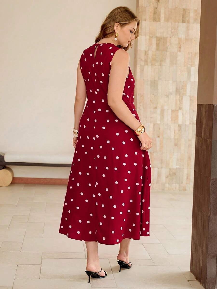 thumbnail image 2 of Khaki Plus Size Polka Dot Sleeveless A-Line Midi Dress, Elegant Round Neck, 2 of 7