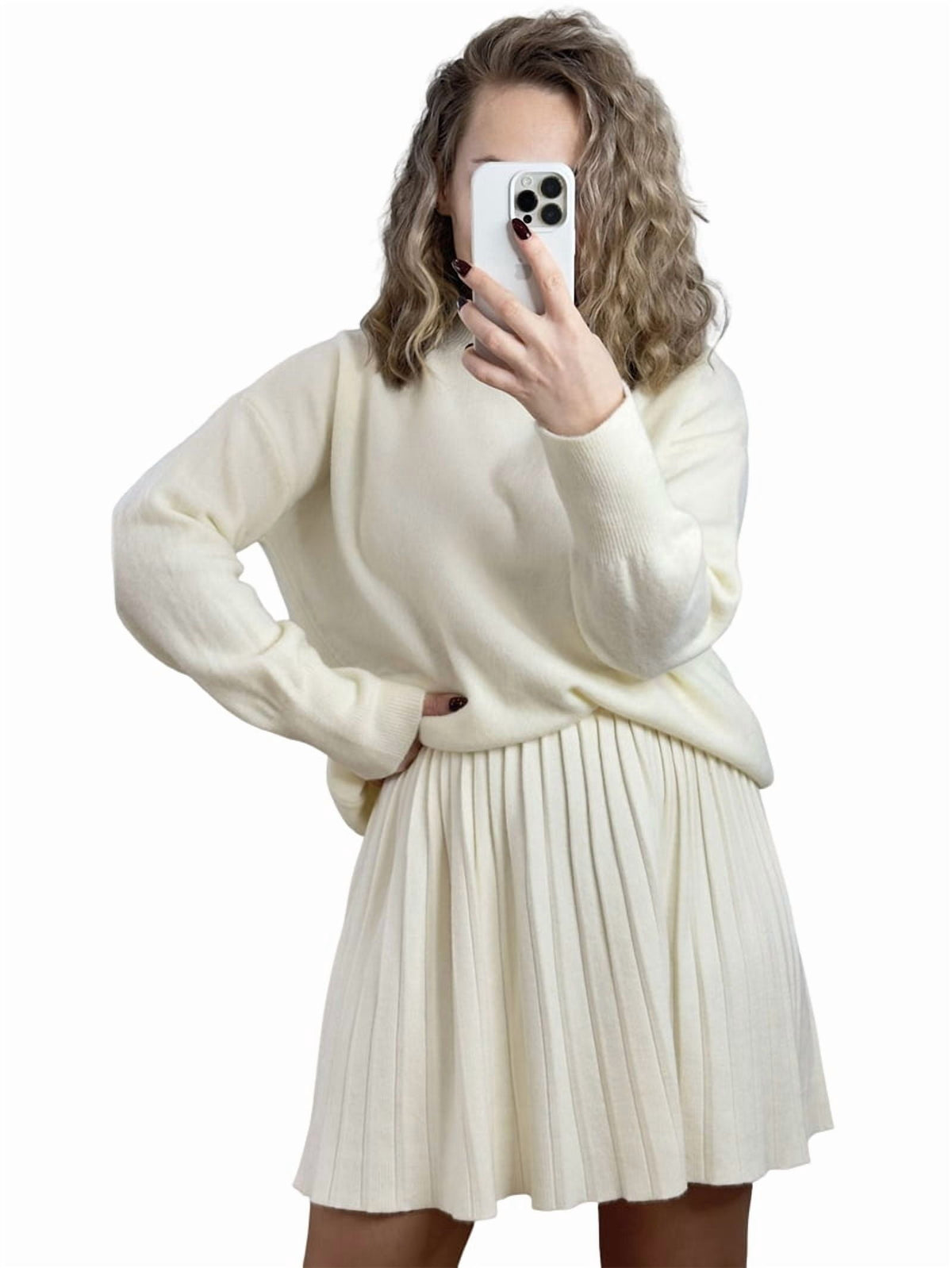 thumbnail image 4 of Womens Skirt 2 Piece Sweater Set Long Sleeve Crewneck Sweaters Pleated Mini Skirt Knit Lounge Sets White One size, 4 of 9