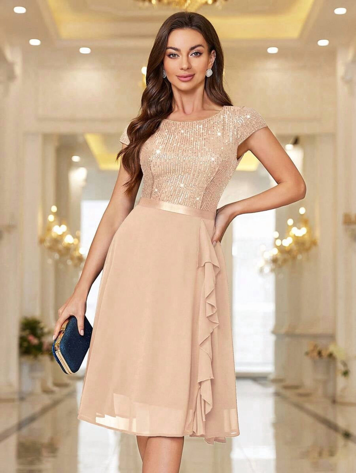 thumbnail image 6 of Champagne Sequin Bodice Chiffon A-Line Midi Dress With Cap Sleeve Ruffle, 6 of 28