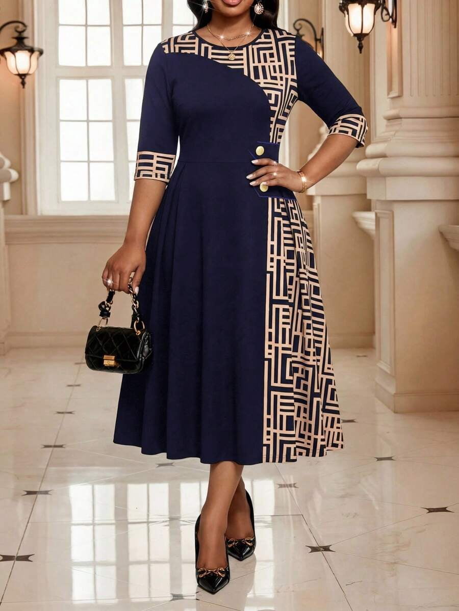 thumbnail image 5 of Plus Size Blue Vintage Elegant Round Neck 3/4 Sleeve A-Line Geometric, 5 of 7