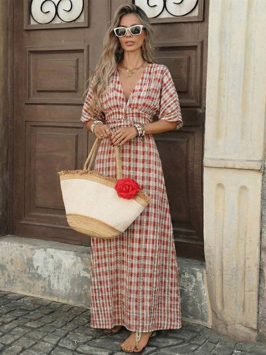 thumbnail image 5 of Womens Red Gingham Print Maxi Dress, V-Neck Short Sleeve Waist Cinched, 5 of 7