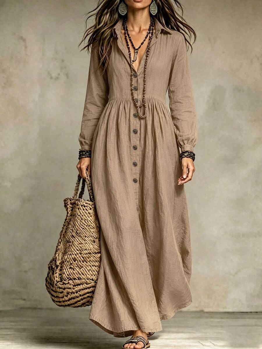 thumbnail image 3 of Womens Elegant Khaki Long Sleeve Button Down Maxi Dress for Beach, Dating, 3 of 6