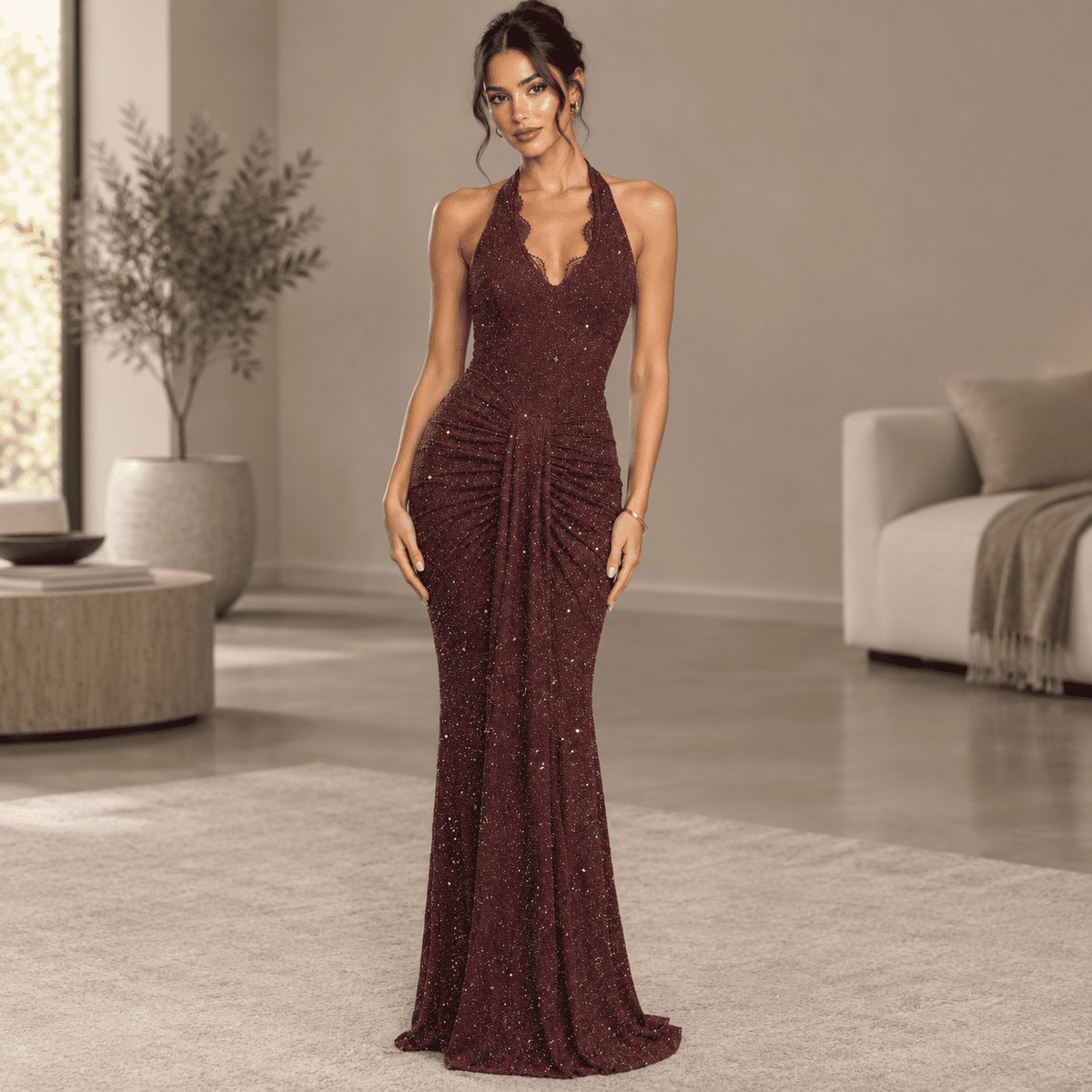 thumbnail image 6 of Women's Burgundy Small Deep V Neck Halter Lace Sequin Maxi Dress, 6 of 7