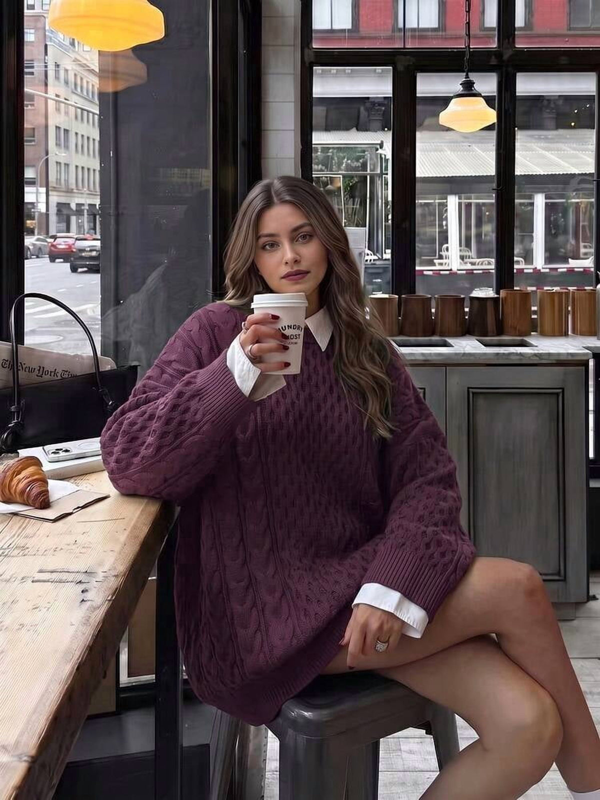 thumbnail image 4 of Burgundy Cable Knit Oversized Sweater Dress, 4 of 7